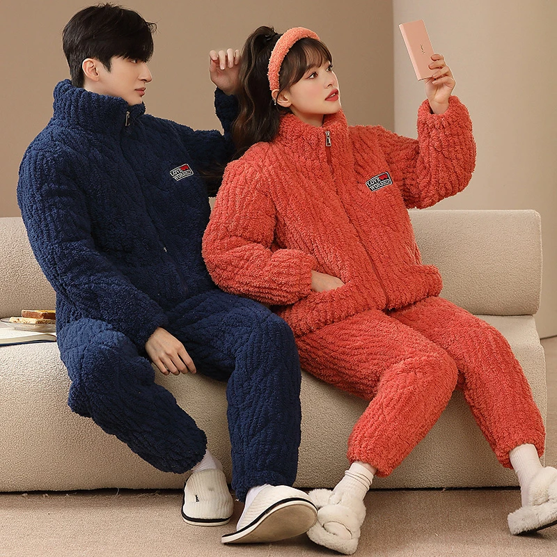 两件套情侣睡衣秋冬季珊瑚绒加厚保暖拉链开衫男女冬款家居服套装