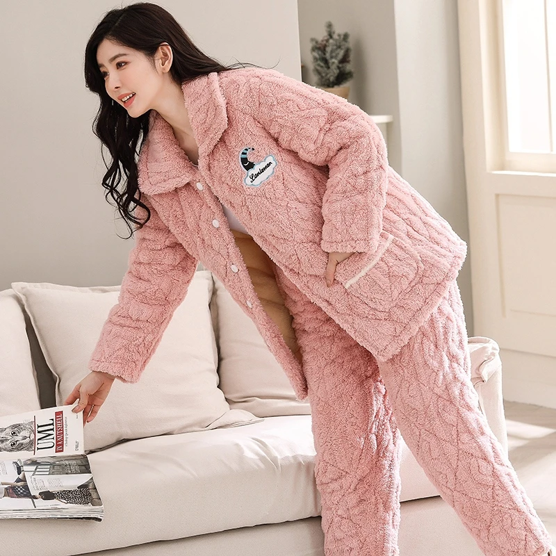 睡衣女冬季珊瑚绒加厚加绒三层夹棉超厚提花可外穿冬天家居服套装