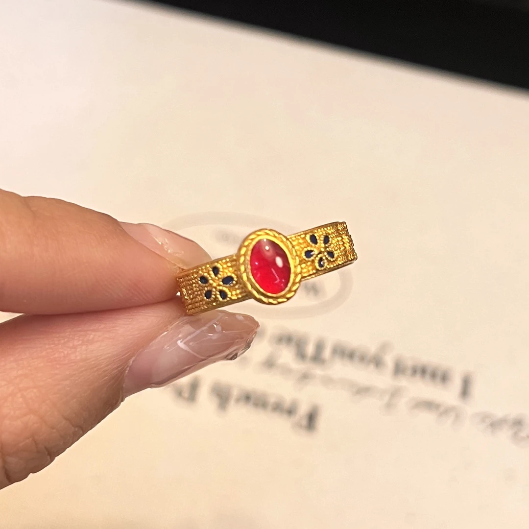 铜合金戒指 A180古法彩色气质中古古典古风金戒可调节戒指