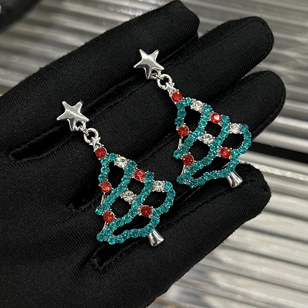 铜合金耳饰 F99复古小众时尚夸张满钻氛围感圣诞耳环