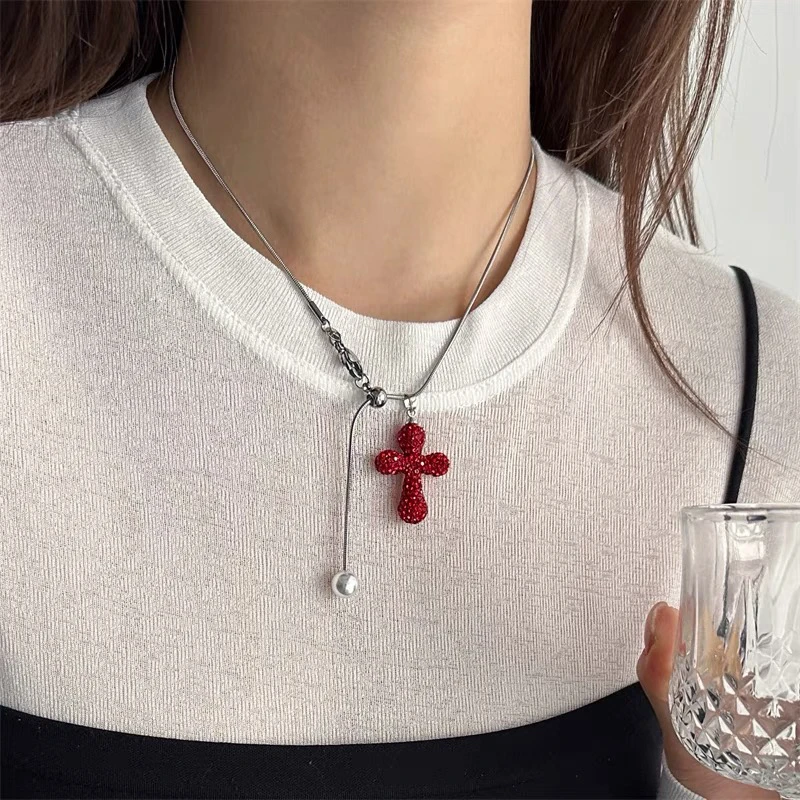 钛钢项链 C88精致时尚红色十字架项链