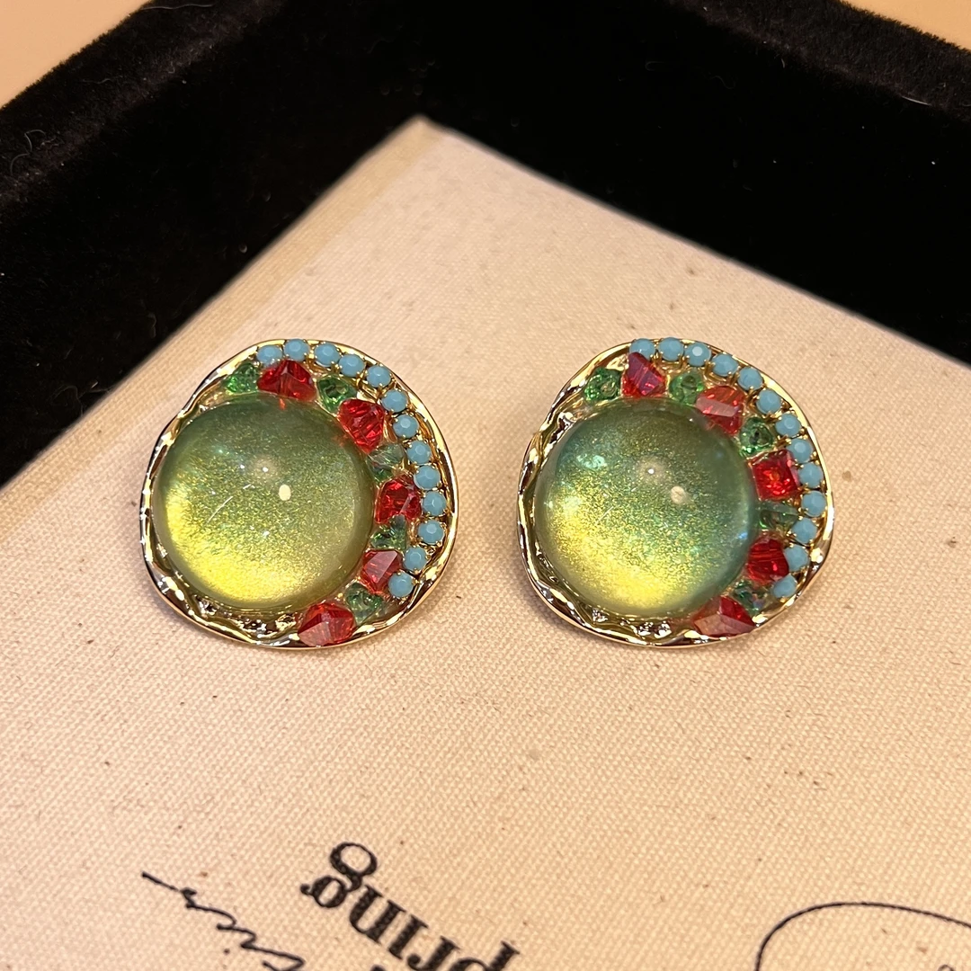 铜合金耳饰 A53气质百搭复古轻奢法式绿色耳环