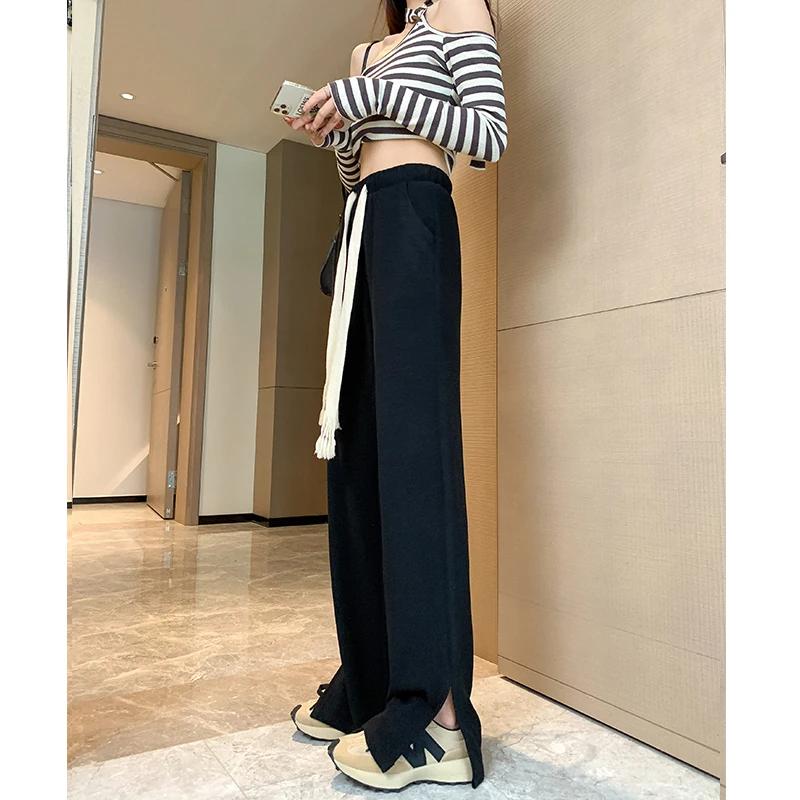 窄版阔腿裤女春秋2023年新款高腰黑色侧开叉休闲针织垂感直筒裤子