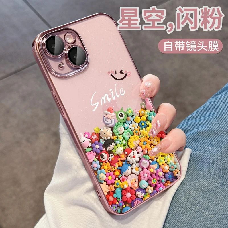 适用苹果15手机壳透明闪粉iPhone13新款14promax高级感高端自带镜