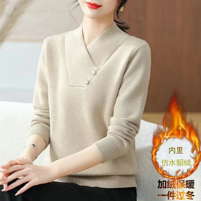 妈妈装冬季加绒加厚打底衫40岁中年女士冬装洋气毛衣中老年针织衫
