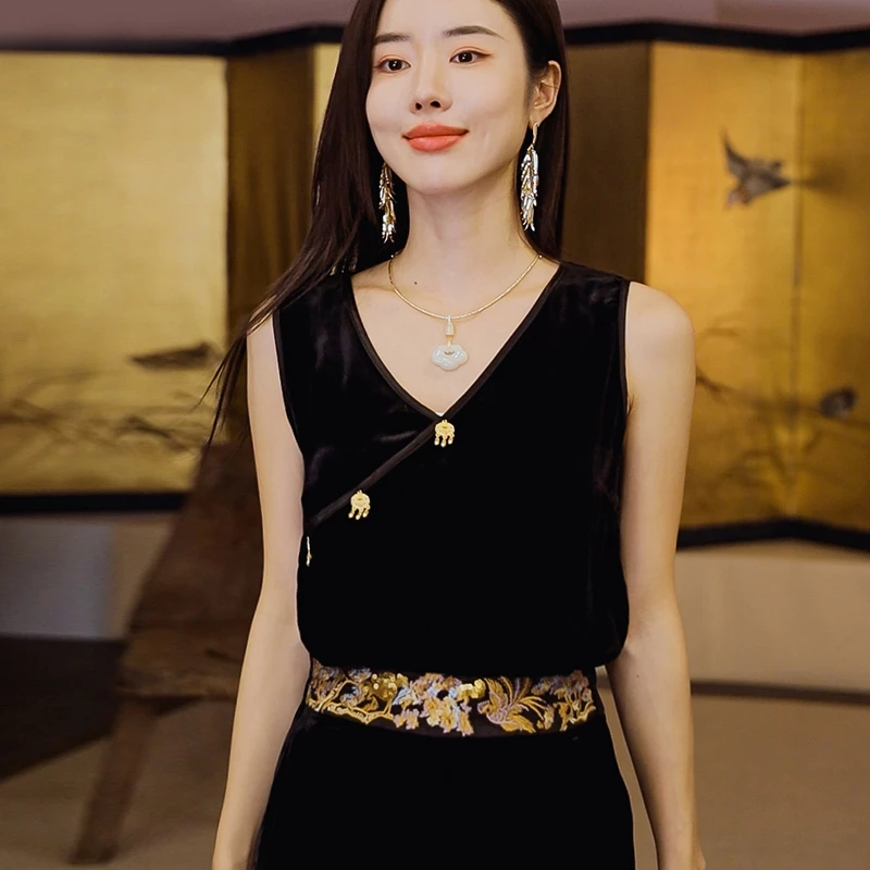 复古日记100桑蚕丝新中式丝绒国风女装背心245B7278