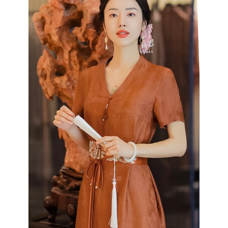 复古日记落花砌绫丨100桑蚕丝中式红云纱刺绣显瘦连衣裙222L6445