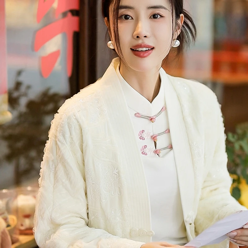 复古日记“素馨”100桑蚕丝丝绒立体网纱白色绣花棉服外套247F7293