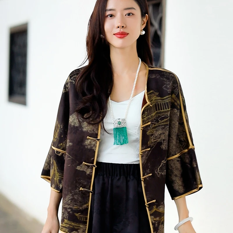 复古日记100桑蚕丝双面穿香云纱提花中式对襟防晒外套女232W5983