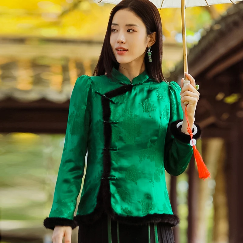 复古日记新中式绿色长袖国风时尚提花女装斜襟衬衫上衣237C6203
