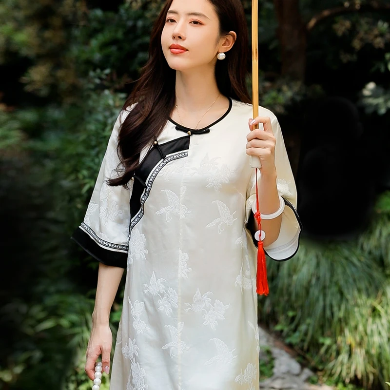 复古日记“素影”2024夏季新中式女装圆领中国风气质连衣裙232L6979