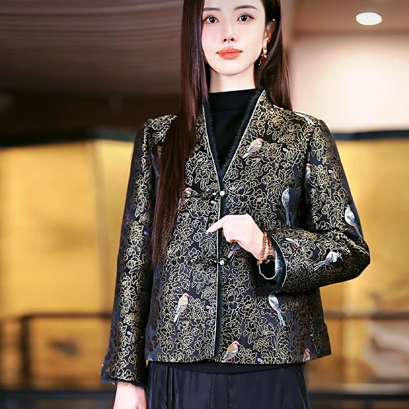 复古日记“啼鸟图”早春拜年服！桑蚕丝织金云锦水貂鹅绒服24HR410