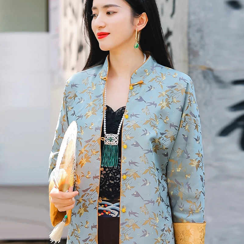 复古日记100桑蚕丝宋锦提花国风立领中式珠扣春款外套241W5240