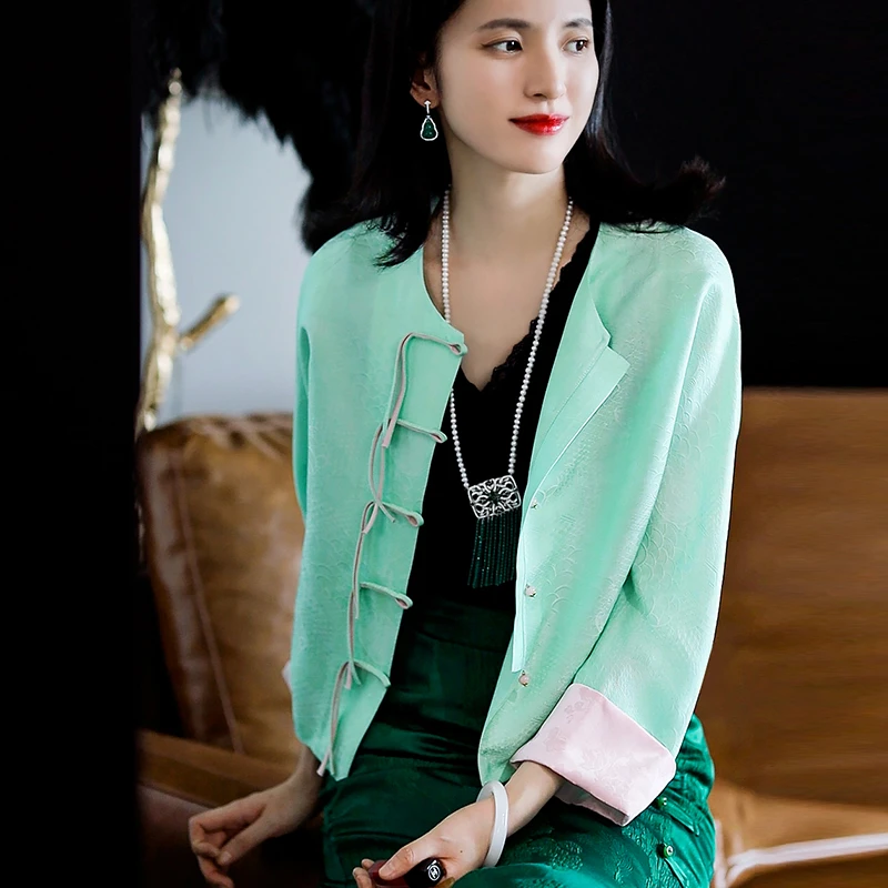 复古日记新中式桑蚕丝圆领长袖防晒衫空调衫女士短外套24GW299