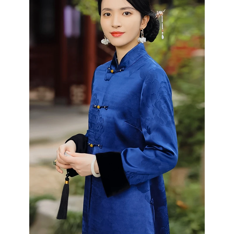 复古日记秋冬新品100桑蚕丝中式立领国风女上衣风衣外套235W5093