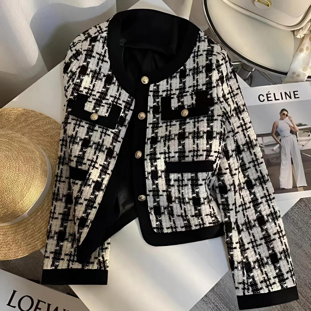 856小香风千鸟格外套洋气时尚