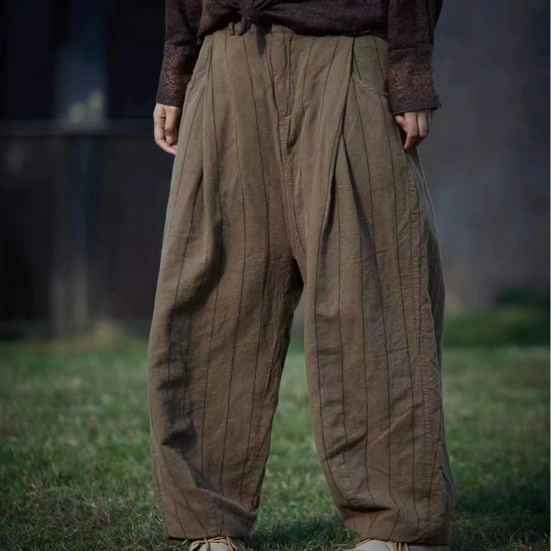 麻依者24冬季夹棉加厚竖条纹棉裤植物染做旧松紧腰女休闲裤1152