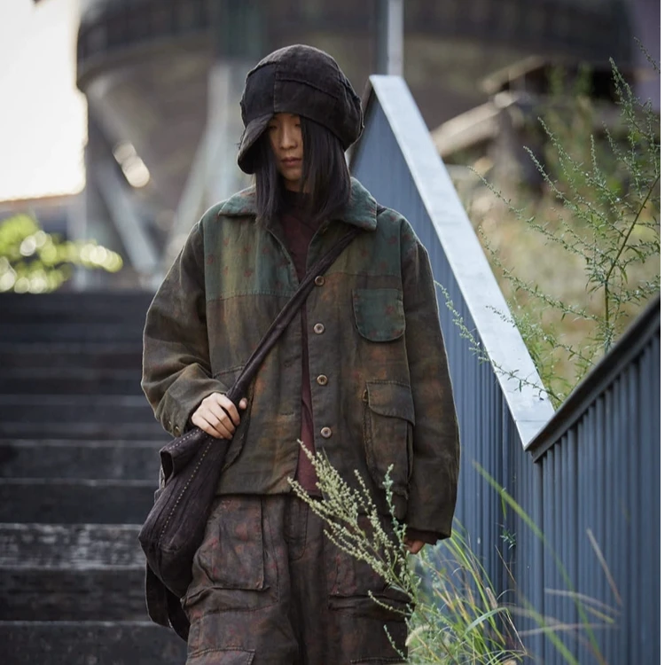 麻依者24冬季亚麻工装多口袋夹棉加厚棉衣印花拼接撞色衬衣1168