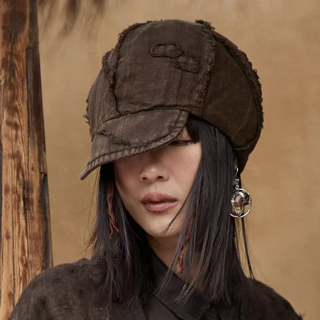 麻依者原创设计24亚麻水洗做旧拼接休闲时尚百搭贝雷帽1224