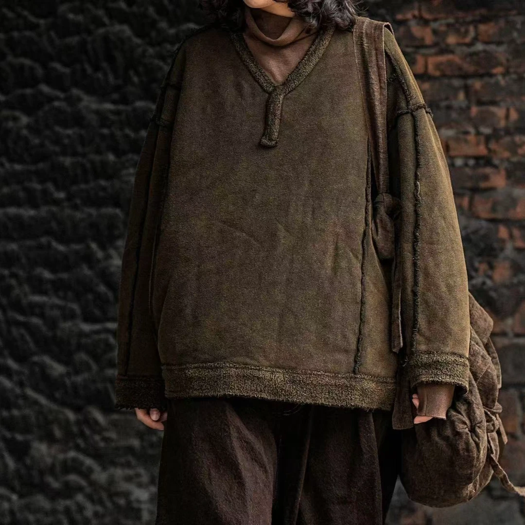 疯子张24冬款休闲小众设计做旧宽松复古文艺加厚套头卫衣#08369