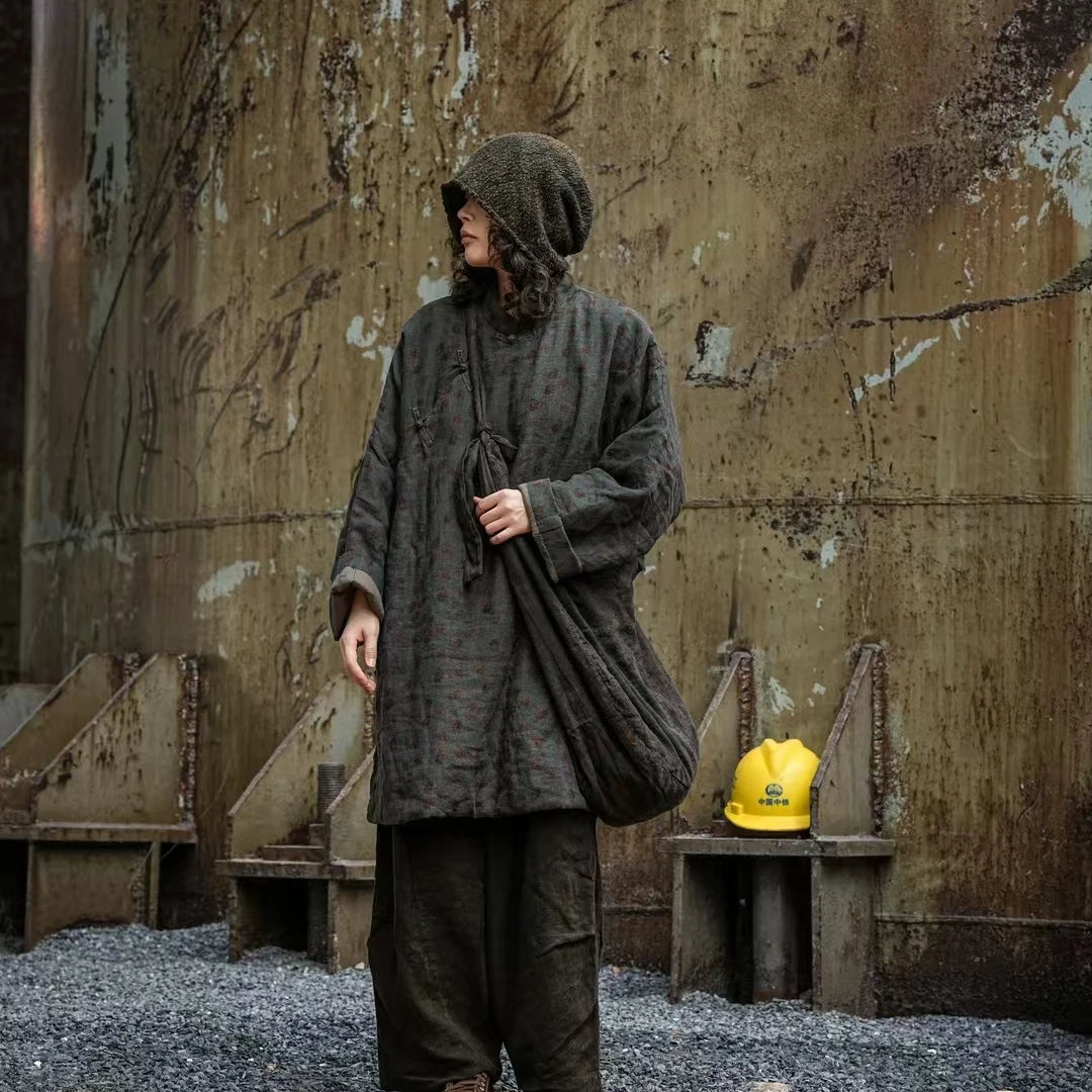 麻依者原创设计24冬款双层复古文艺感花点做旧加厚棉衣M-013