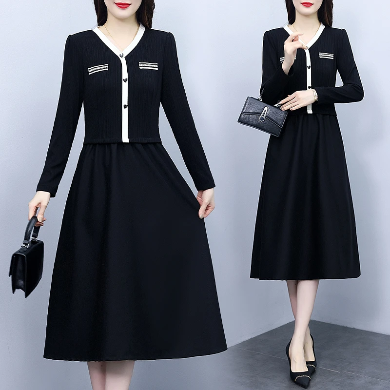 高端假两件长袖连衣裙女2023秋新款气质显瘦百搭配大衣打底裙子