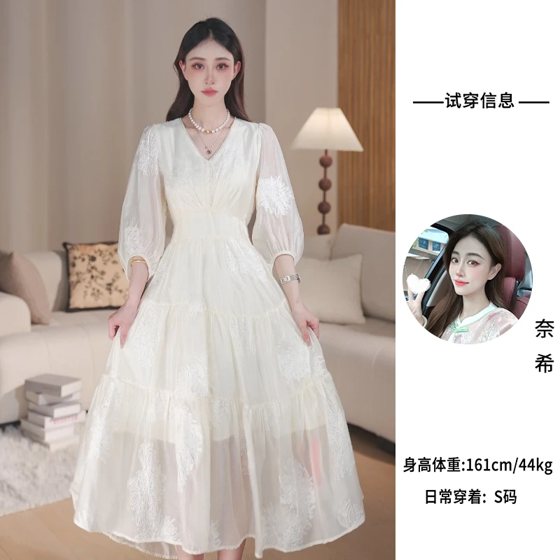 奈希私服  夏季时尚柔风收腰气质米色连衣裙仙女裙女8006