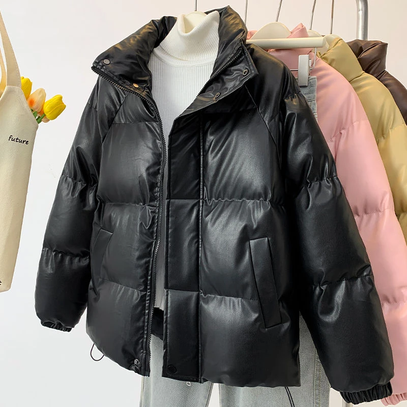 胖MM洋气PU皮长袖羽绒服女时尚oversize加厚加大宽松立领面包服外