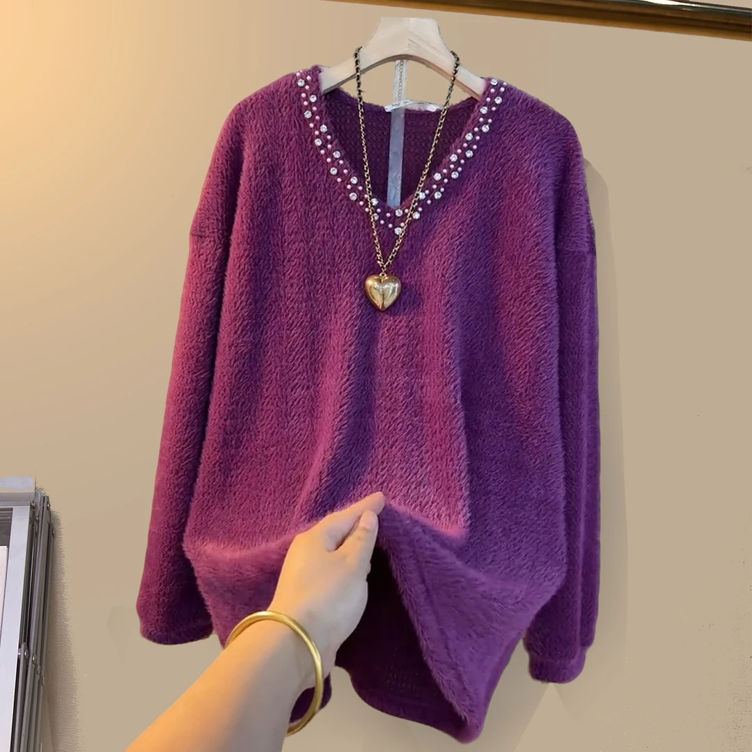 大码女装紫色冬季宽松时髦遮肉显瘦胖妹妹V领设计感上衣打底衫