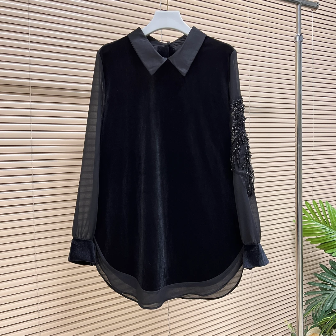 大码女装显瘦新款时尚宽松衫长袖衬衫领遮背胖mm立秋女上衣秋装