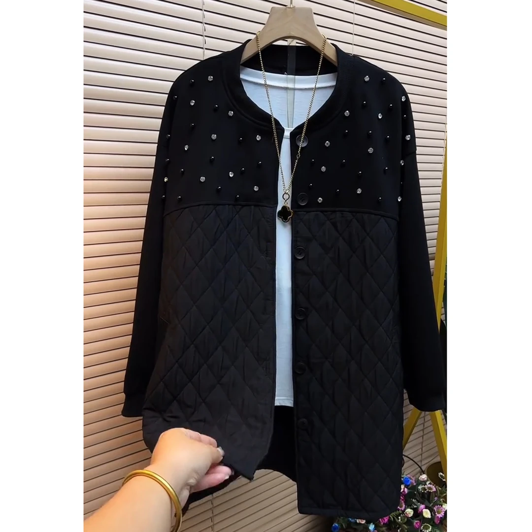 2024秋季新款外套遮肉显瘦宽松钉珠重工圆领减龄长袖洋气气质