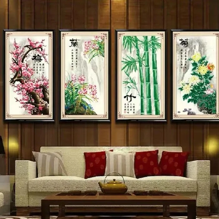 蒙娜丽莎线十字绣梅兰竹菊四联画新款大格四股100*55厘米非满绣