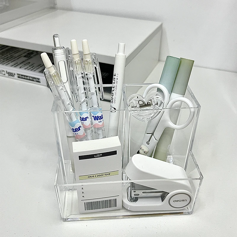 透明笔筒学生教室课桌面上小型收纳盒多功能长方形笔架高颜值笔盒