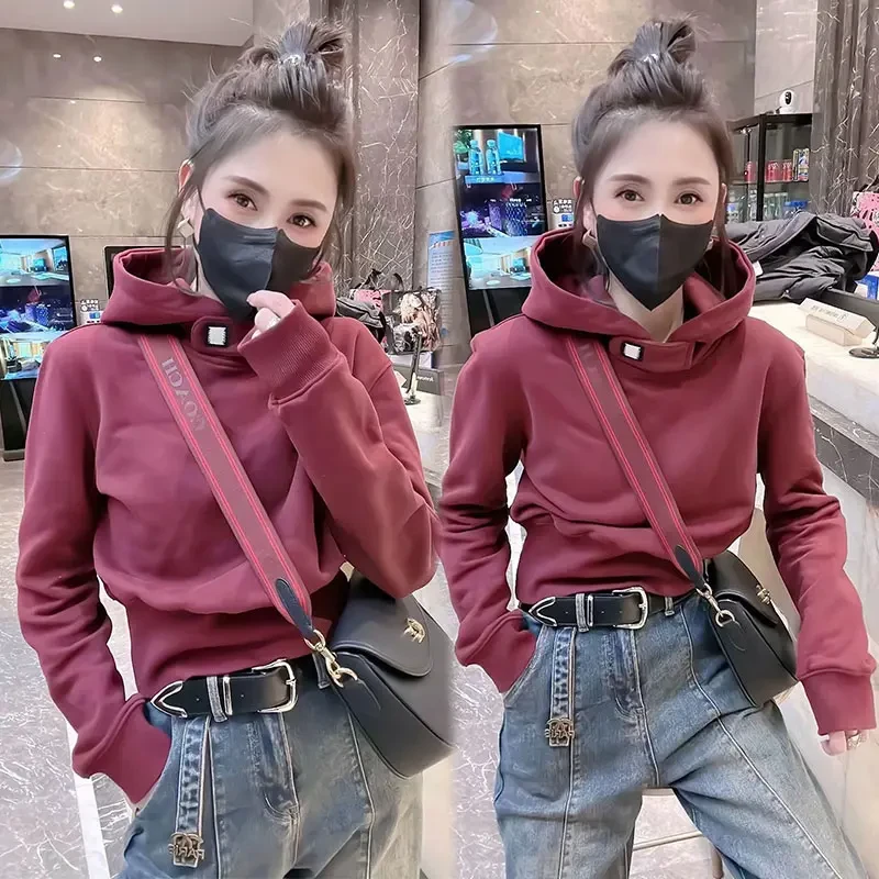 连帽卫衣女潮2024春秋新款韩版长袖时尚休闲纯色短款百搭套头上衣
