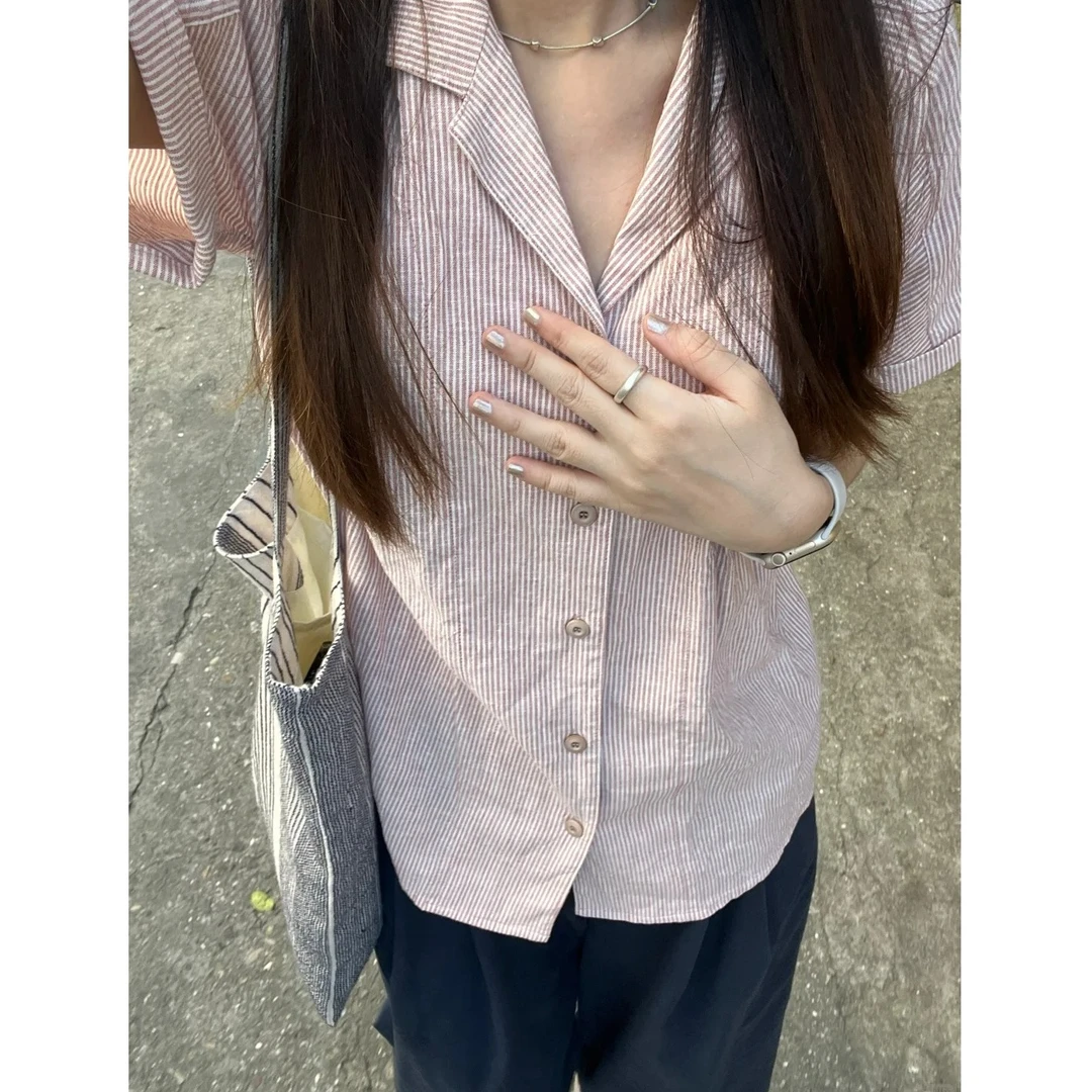 美式条纹短袖衬衫女2024夏季新款高级气质衬衣时尚小个子宽松上衣