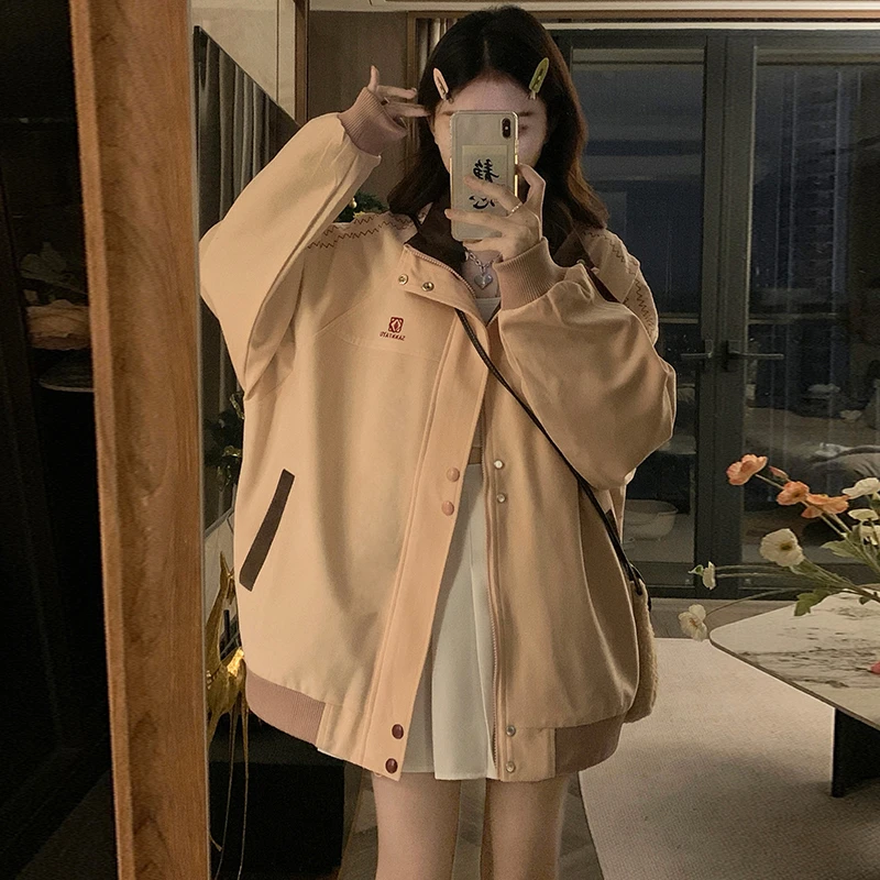 美式复古2025宽松拼接设计感百搭外套女春季学生立领小个子夹克