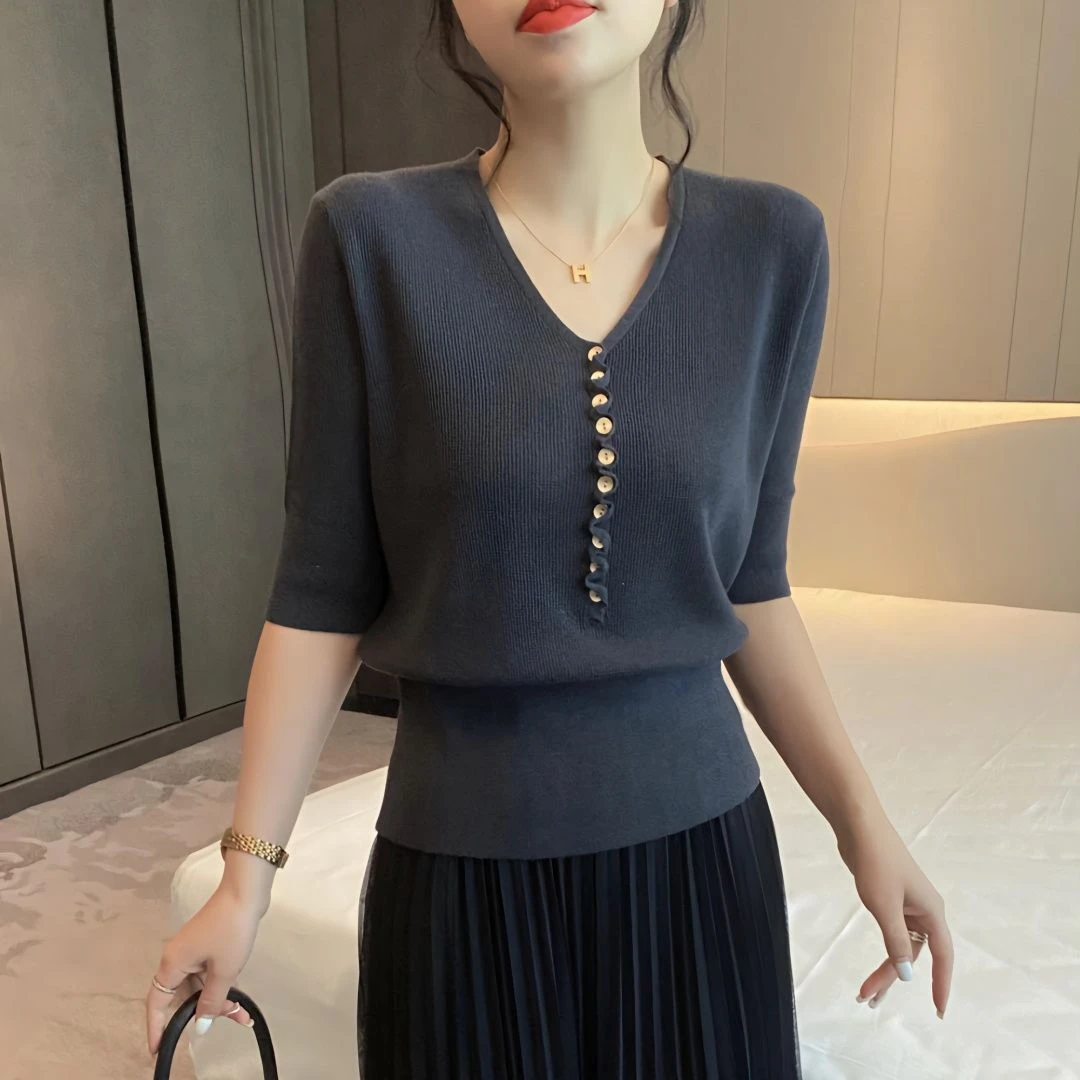 高腰宽边气质半袖针织衫中袖纯色V领设计感针织衫女套头显瘦上衣
