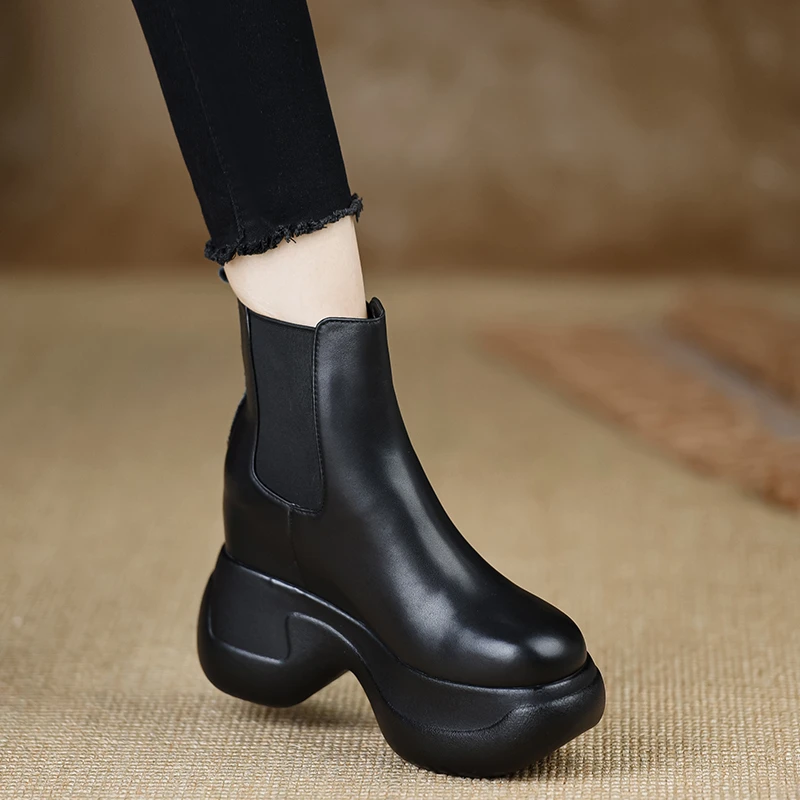 轩玥情手工女鞋7.5+3.5cm~防水台短靴内增高高跟牛皮厚底切尔西靴