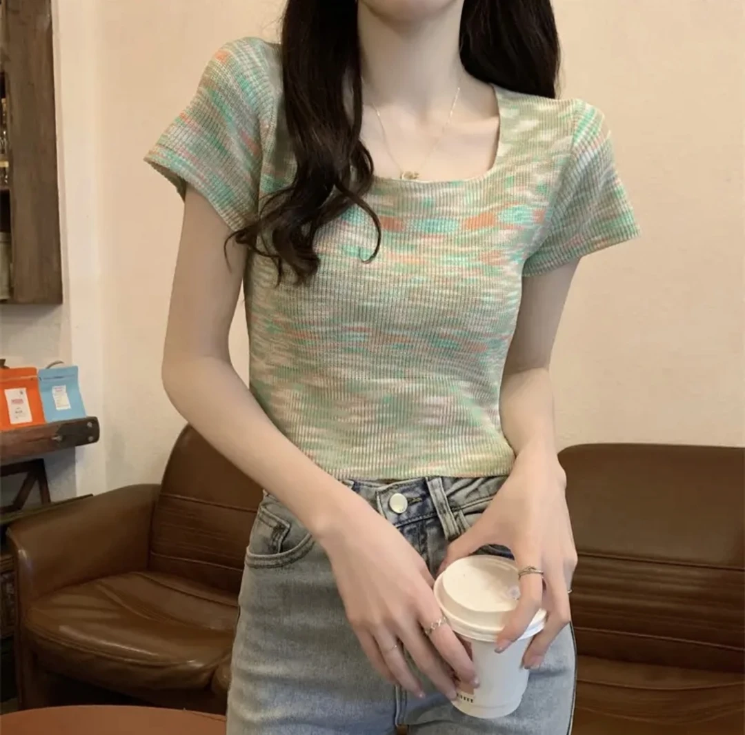 2023年夏季新款韩风简约时尚彩虹色软糯方领短袖针织衫女T恤上衣