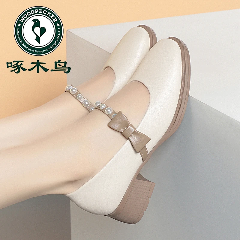啄木鸟浅口单鞋女米白鞋子配裙子春秋新款百搭玛丽珍鞋温柔晚晚鞋