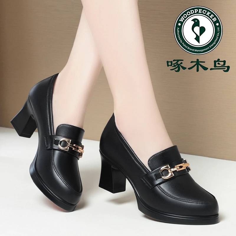 啄木鸟高跟乐福鞋新款气质深口单鞋春秋妈妈鞋中年女士皮鞋配裙子