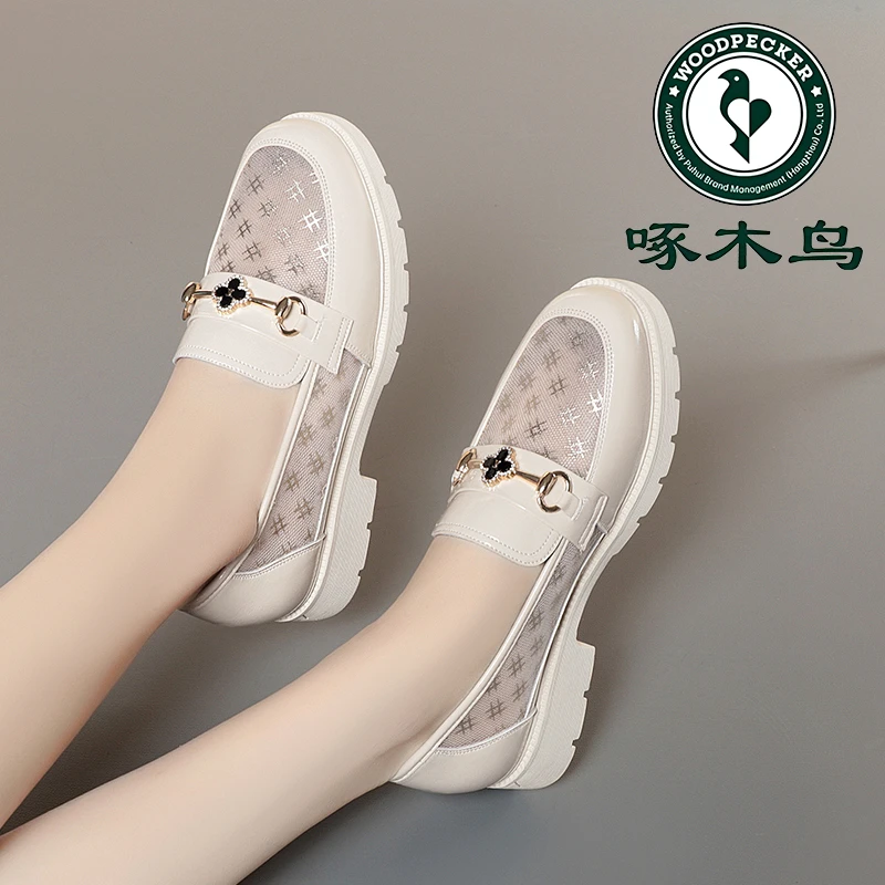 啄木鸟软底夏季单鞋女网纱乐福鞋时尚百搭休闲透气舒适粗跟女鞋子