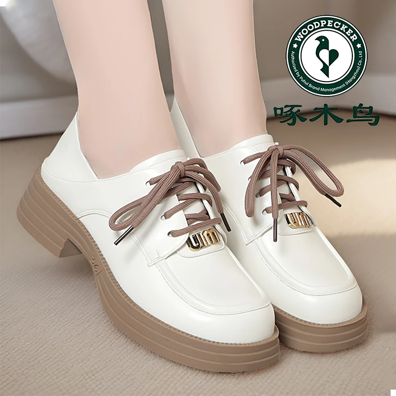 啄木鸟英伦风小皮鞋新款春秋女鞋系带单鞋两穿黑色工鞋厚底乐福鞋