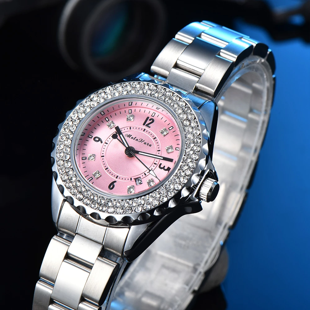 MOTOHARA女款轻奢女士手表高颜值气质名表潮流金镶钻手表时尚粉色