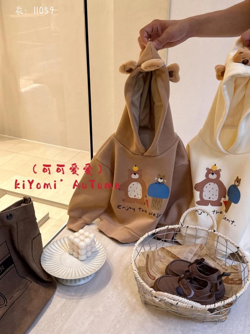 【原创设计品牌】ka&kids 1059冬季新款儿童加绒连帽卫衣一体绒T恤