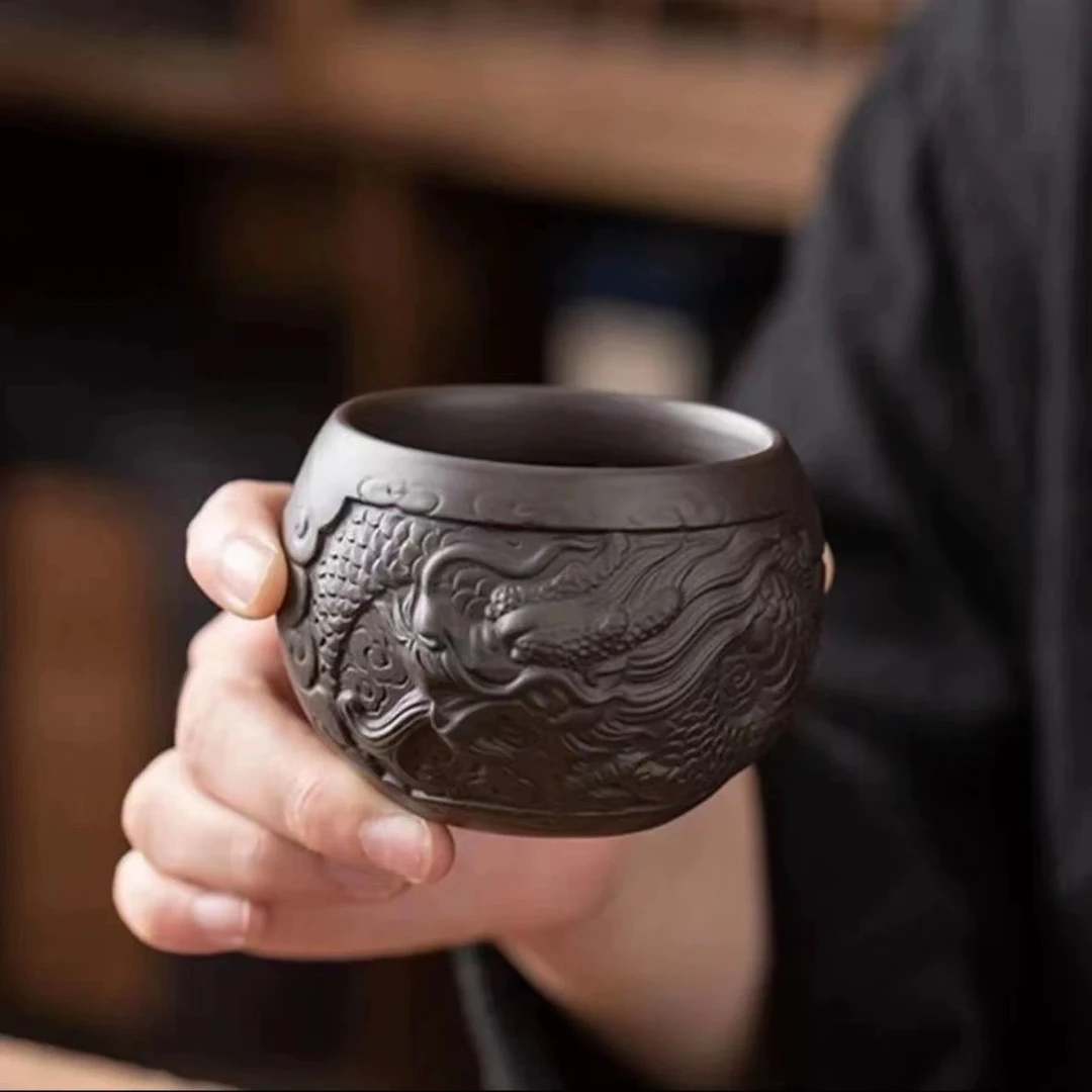 浮雕祥龙紫砂泡茶杯陶瓷主人杯功夫单杯家用复古品茗杯个人杯X722