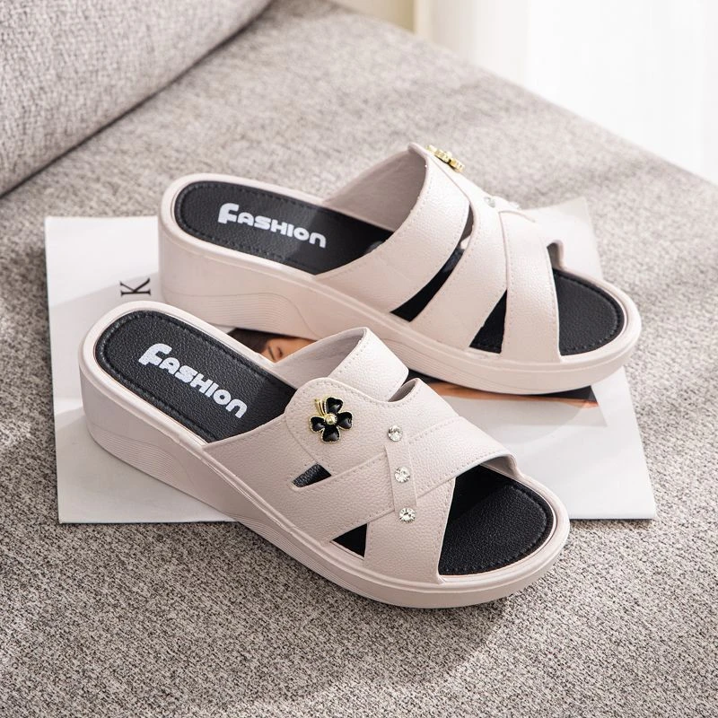 女士高跟拖鞋夏季外穿厚底时尚家居防滑妈妈鞋软底坡跟凉拖鞋女