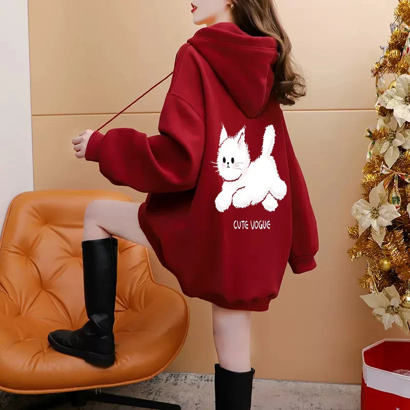 酒红色连帽卫衣女秋冬加绒加厚设计感爆款宽松大码胖妹妹卡通外套