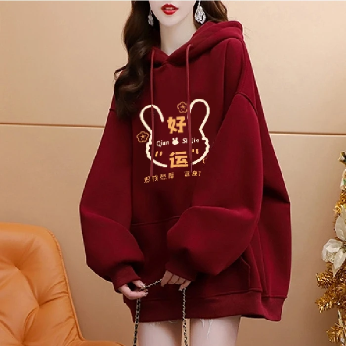 绝美酒红色vintage连帽加绒卫衣女秋冬季新款加厚宽松艺术生上衣