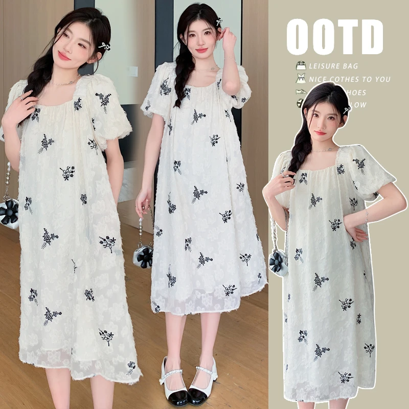 孕妇装夏装上衣2024夏季新款时尚洋气提花刺绣宽松气质长款连衣裙